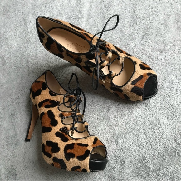 Talbots Shoes - Talbots Erica Leopard Calf Hair Leather Lace-Up Cutout Heeled Booties 7.5